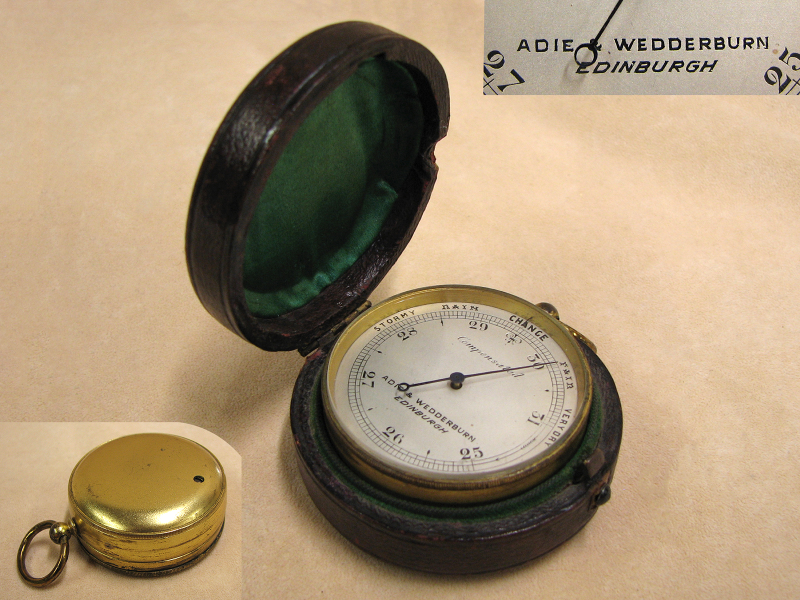 Late Victorian brass pocket barometer signed Adie & Wedderburn Edinburgh